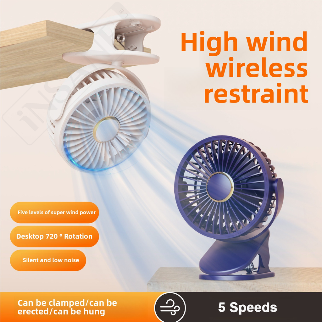 Wireless 5-Speed Clip Fan 125mm Brushless Ventilation Fan USB 5V Built-in 1200mAh Battery with Light (White/Blue)