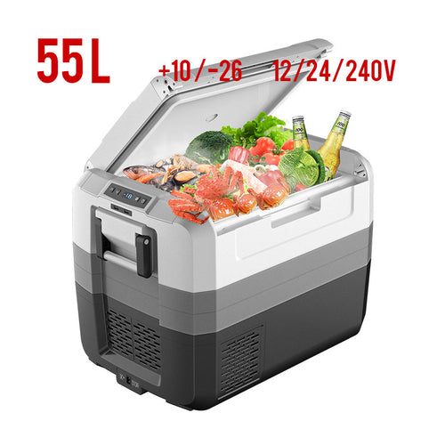 Car Fridge 55L 3-way for grocery shopping, travel, and camping, Open Lid Both Sides, Removable Lid - RVSUNSHADES