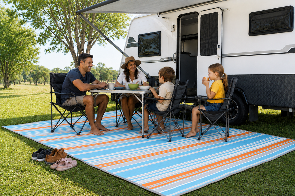 Family relaxing on a bright striped caravan annex floor mat under a rollout awning