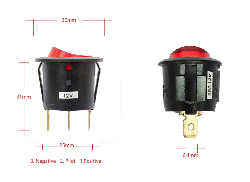 3x Rocker Switch LED Pilot Light 12V ø25mm Auto Marine 12V/20A, 125V/16A, 250V/10A (R13-223) - RVSUNSHADES